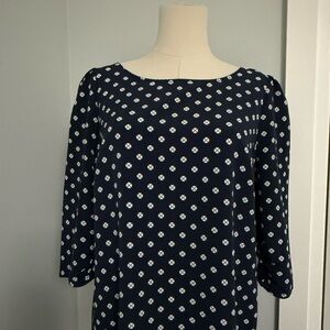 Jacob | Navy Geometric Print Travel Dress | Size Large, navy blue and white